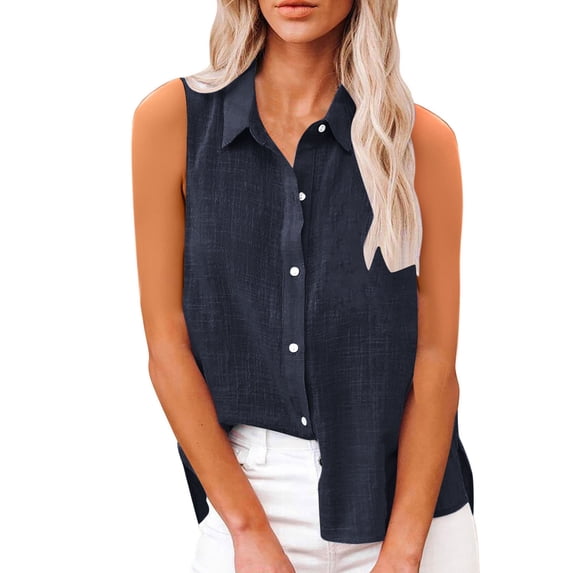 XFLWAM Women's Sleeveless Button Down Shirts Cotton Linen Collared Tanks Tops Oversized Work Casual Summer Shirts Blouses