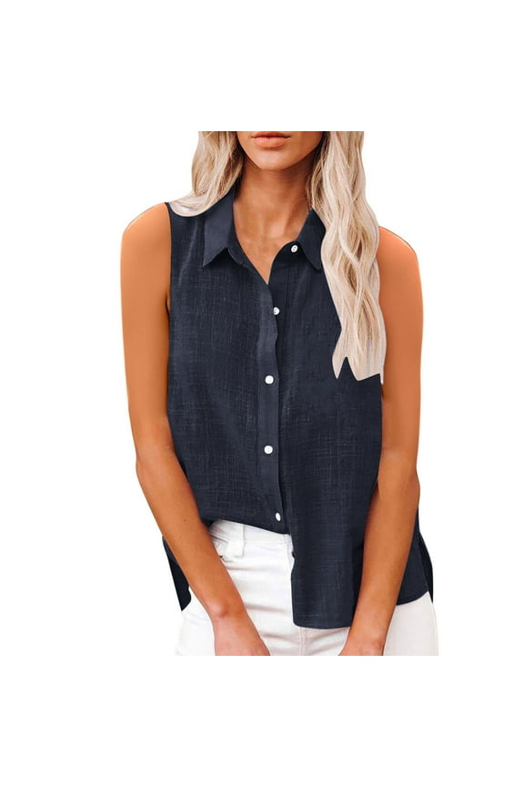 Women's Sleeveless Button Down Shirts Cotton Linen Collared Tanks Tops Oversized Work Casual Summer Shirts Blouses