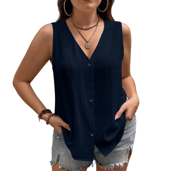 XFLWAM Women's Sleeveless Button Down Shirts V Neck Solid Color Tank Tops Summer Casual Loose Vest