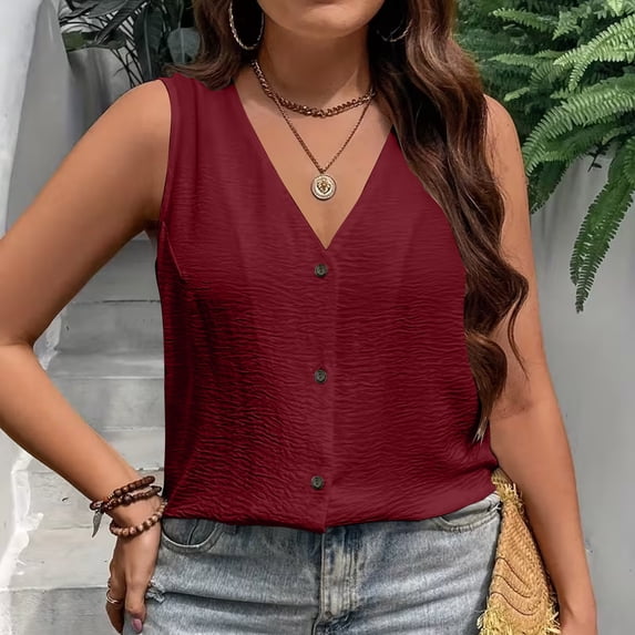 XFLWAM Women's Sleeveless Button Down Shirts V Neck Solid Color Tank Tops Summer Casual Loose Vest