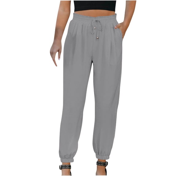 XFLWAM Women's Soft Casual Loose Drawstring Elastic High Waisted Joggers Pants with Pockets Gray XL