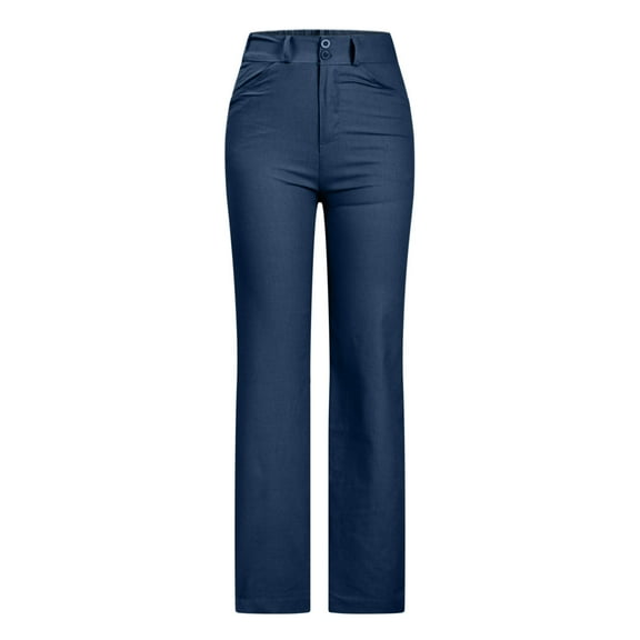 XFLWAM Women’s Solid Color Trouser Pants Stretch Linen Slim Fit Long Pants Navy Blue XL