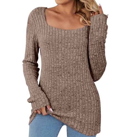 XFLWAM Women's Solid Color Tunic Sweaters Lightweight Fall Casual Long Sleeve Square Neck Pullover Tops Khaki M