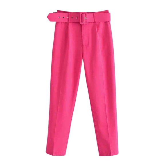 XFLWAM Women's Solid Suit Pants Business Casual Slim Fit Trousers Straight Leg Work Pockets Slacks Dress Pants with Belt Hot Pink XS