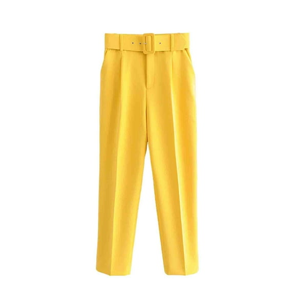 XFLWAM Women's Solid Suit Pants Business Casual Slim Fit Trousers Straight Leg Work Pockets Slacks Dress Pants with Belt Yellow M