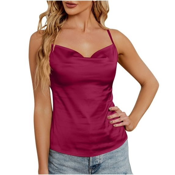 XFLWAM Women's Spaghetti Straps Cowl Neck Camisole Cami Tank Top Satin Silk Sleeveless Tank Shirt Blouses Red L