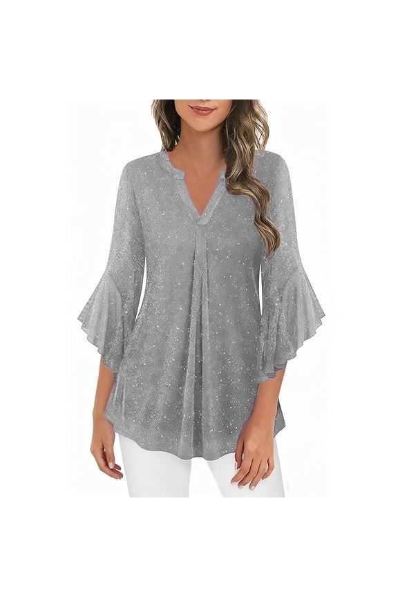 Women's Sparkly Dressy Elegant Tops V Neck Three Quarters Sleeve Ruffle Blouse Casual Work Evening Party T Shirts