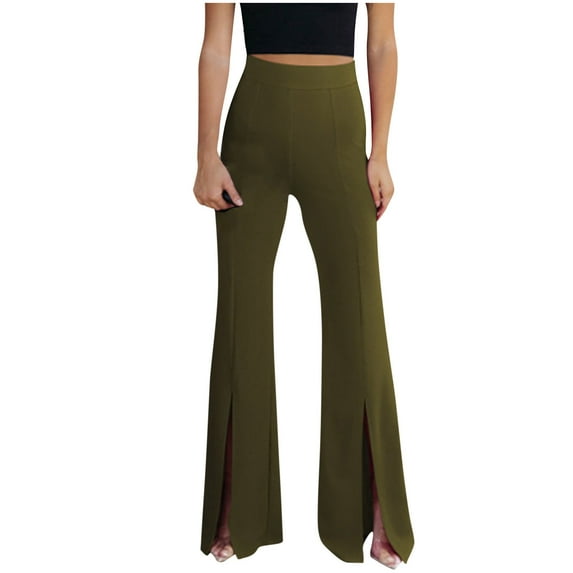 XFLWAM Women's Split Front Flare Leg Long Pants Elastic High Waist Elegant Casual Work Slacks Trousers Green XXL