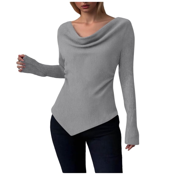 XFLWAM Women's Spring Bell Long Sleeve Tops Cowl Neck Asymmetrical Ribbed Fitted Shirts Y2K Going Out Slim Tops