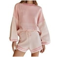 thumbnail image 1 of XFLWAM Women's Striped 2 Piece Outfits Crewneck Knit Pullover Sweater Shorts Set Wide Leg Matching Set Casual Loungewear, 1 of 6