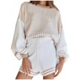 thumbnail image 1 of XFLWAM Women's Striped 2 Piece Outfits Crewneck Knit Pullover Sweater Shorts Set Wide Leg Matching Set Casual Loungewear, 1 of 6