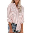 thumbnail image 1 of XFLWAM Women's Striped Button Down Shirts Casual Long Sleeve Stylish V Neck Blouses Tops with Pockets Pink XL, 1 of 5