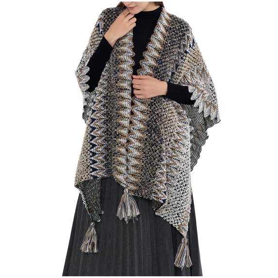 XFLWAM Women's Striped Knitted Shawl Wrap Fringed Hem Poncho Sweater Thickened Tassel Pullover Cape Tops Gray Free Size