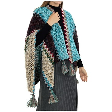 XFLWAM Women's Striped Knitted Shawl Wrap Fringed Hem Poncho Sweater Thickened Tassel Pullover Cape Tops Sky Blue Free Size