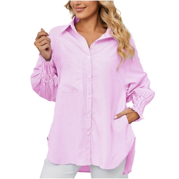 XFLWAM Women's Striped Long Sleeve Button Down Shirt with Pocket Casual Boyfriend Blouse Tops with Smocked Cuffed Pink S