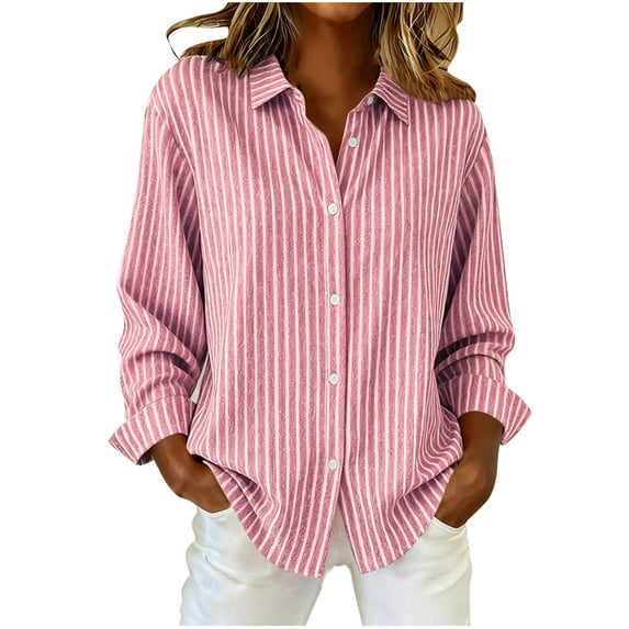 XFLWAM Women's Striped Long Sleeve Button Down Shirts Casual Loose Oversized Boyfriend Collared Blouses