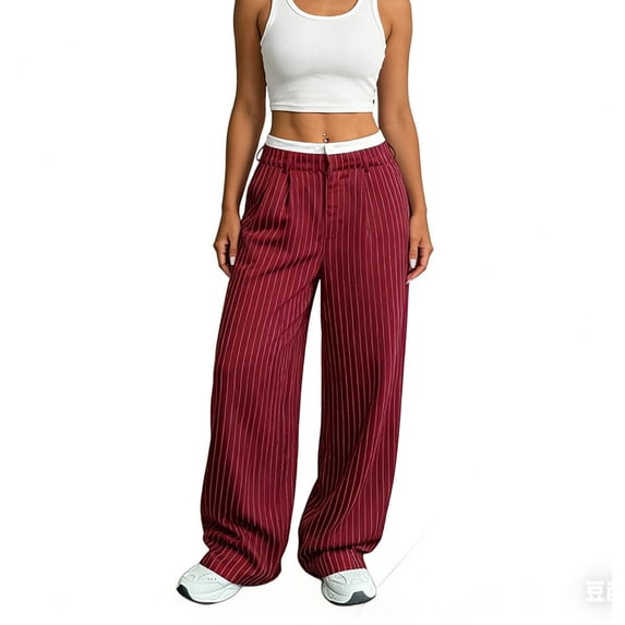 XFLWAM Women's Striped Pants High Waisted Wide Leg Dress Pants Stretchy Casual Work Office Trousers with Pockets Wine Red 3XL