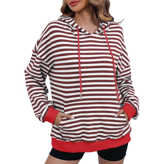XFLWAM Women's Striped Sweatshirts Hoodies Long Sleeve Drawstring Hooded Sweatshirts Casual Loose Fit Pullover Tops with Pocket Fall Outfits Red XXL