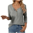 thumbnail image 1 of XFLWAM Women's Striped Tshirt Henley Long Sleeve Slim Fit Tops Scoop Neck Tee Casual Cotton Autumn Winter 90s Shirts Gray L, 1 of 5