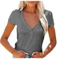 thumbnail image 1 of XFLWAM Women's Summer Casual Henley Shirts Short Sleeve V Neck Button Up Ribbed Slim Fit Basic Tops Gray M, 1 of 8
