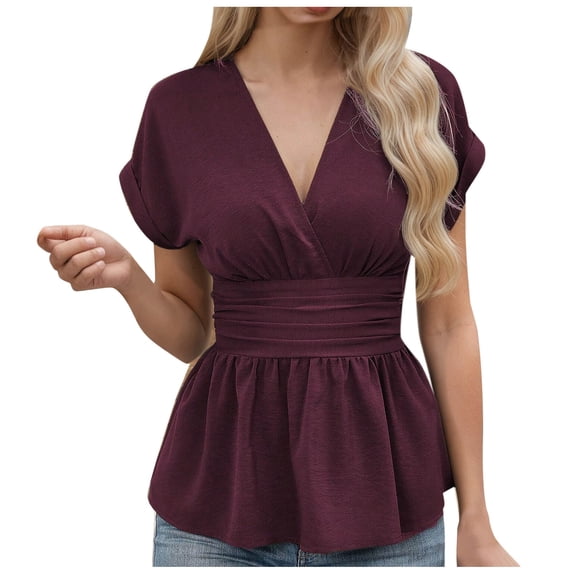 XFLWAM Women's Summer Short Sleeve Tops V Neck Wrap Casual Blouses Cap Sleeve Ruched Ruffle Hem Peplum Tunic Shirts