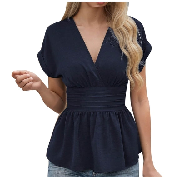 XFLWAM Women's Summer Short Sleeve Tops V Neck Wrap Casual Blouses Cap Sleeve Ruched Ruffle Hem Peplum Tunic Shirts