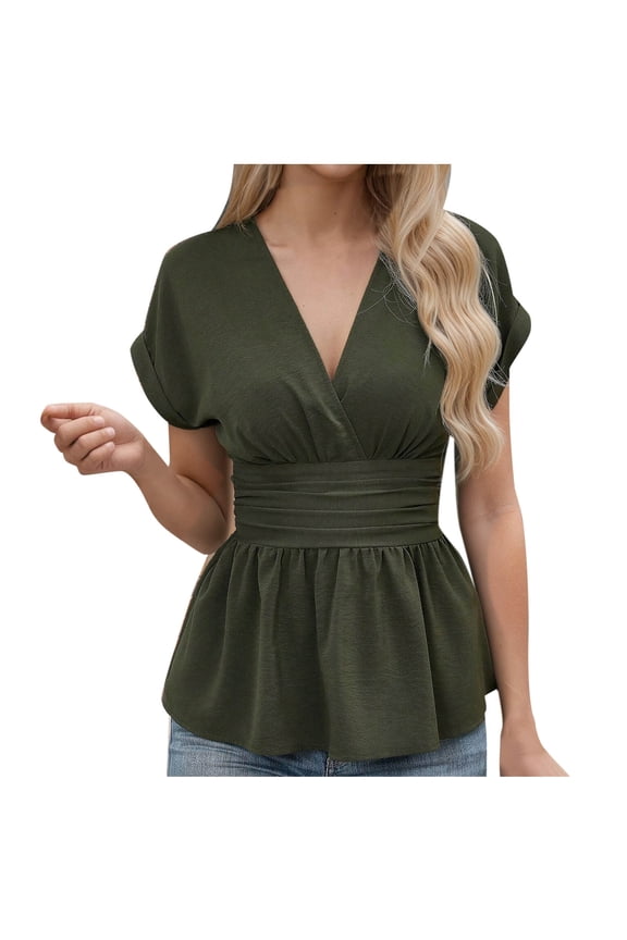 Women's Summer Short Sleeve Tops V Neck Wrap Casual Blouses Cap Sleeve Ruched Ruffle Hem Peplum Tunic Shirts