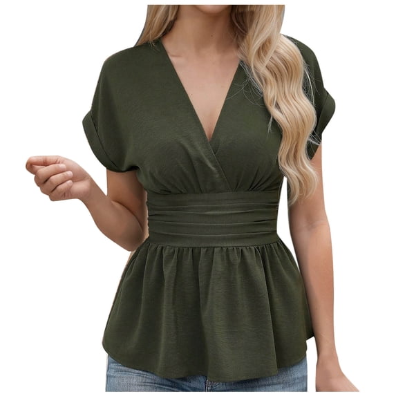 XFLWAM Women's Summer Short Sleeve Tops V Neck Wrap Casual Blouses Cap Sleeve Ruched Ruffle Hem Peplum Tunic Shirts