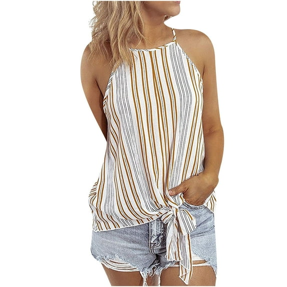 XFLWAM Women's Summer Tank Tops Sleeveless Halter Neck Striped Camis twist Front Casual Shirt Blouse Yellow XXL
