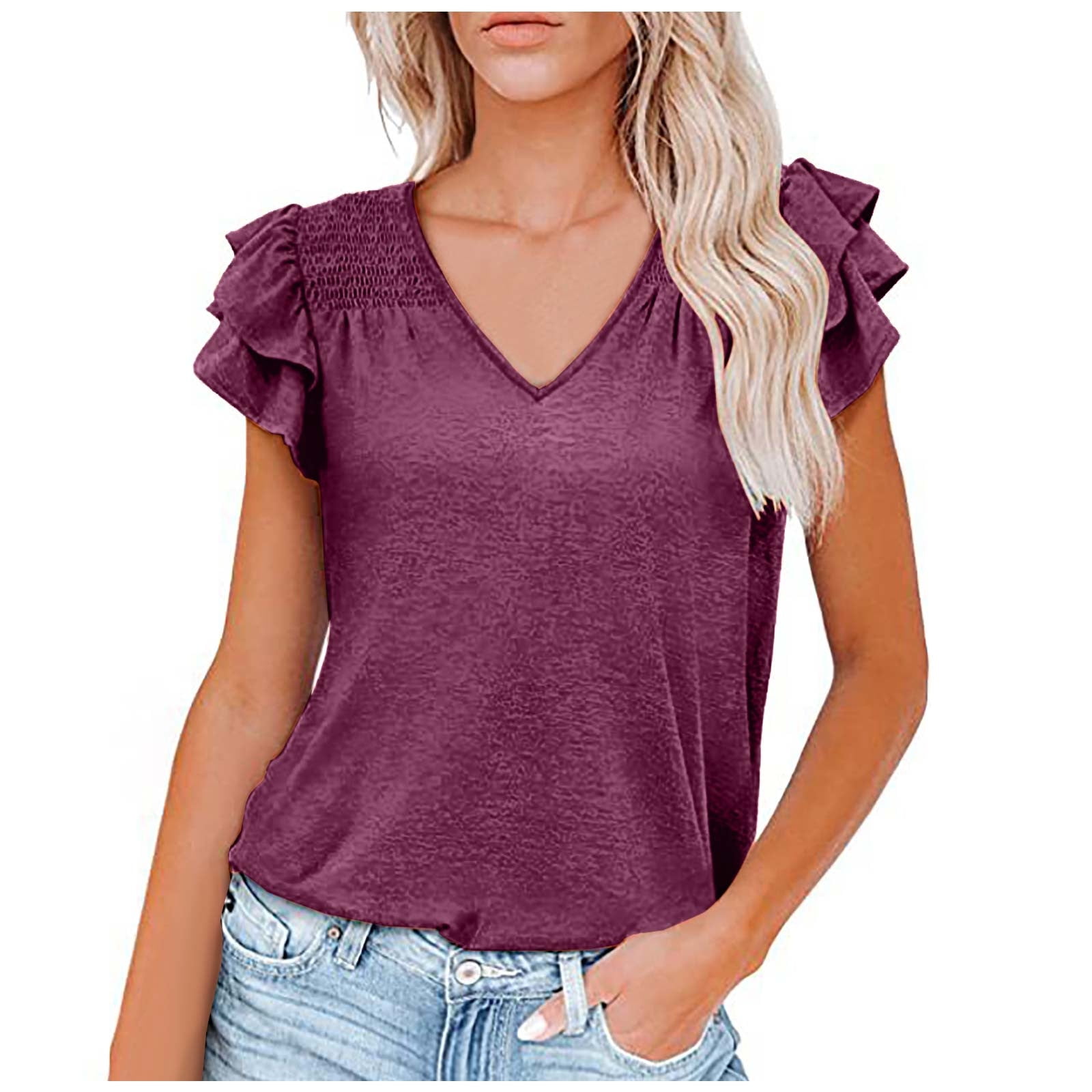 XFLWAM Womens Short Sleeve Casual T-Shirts V Neck Tops Tee Loose