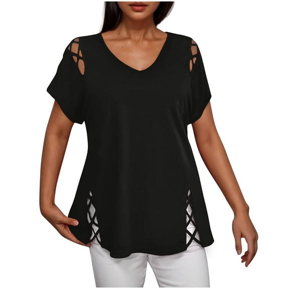 XFLWAM Women's Summer Tops Hollow Out Shoulder Short Sleeve Ruffle Tunics Blouse V Neck Solid Color Casual T Shirts