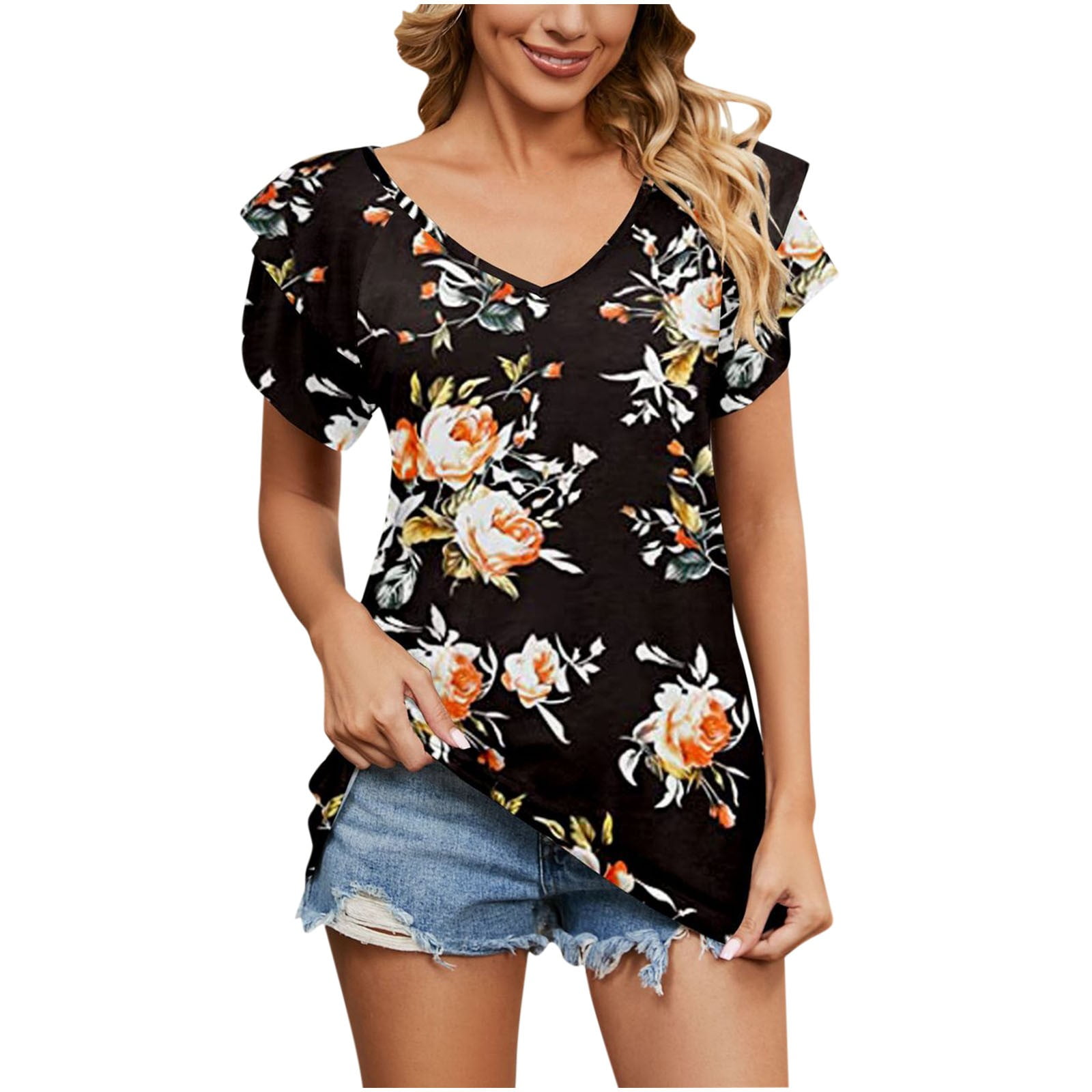 XFLWAM Womens Long Sleeve Tops Shirts Dressy Casual V Neck Floral Print  Graphic Tee Cute Holiday Blouses Pullover Black L 