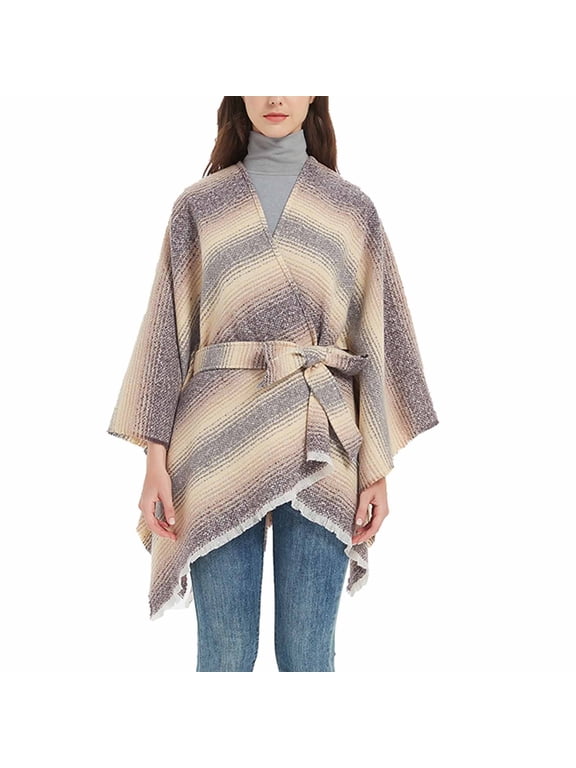Women's Sweater Poncho Coat Shawl Wrap Poncho Cape Belt Gradient Cardigan Sweaters Open Front for Spring Winter Beige One Size