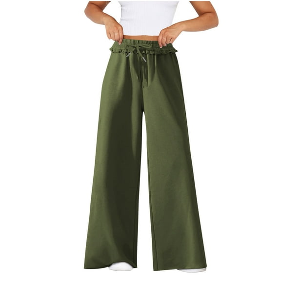 XFLWAM Women's Sweatpants Elastic High Waisted Drawstring Wide Leg Pants Casual Comfy Lightweight Joggers with Pockets Army Green M