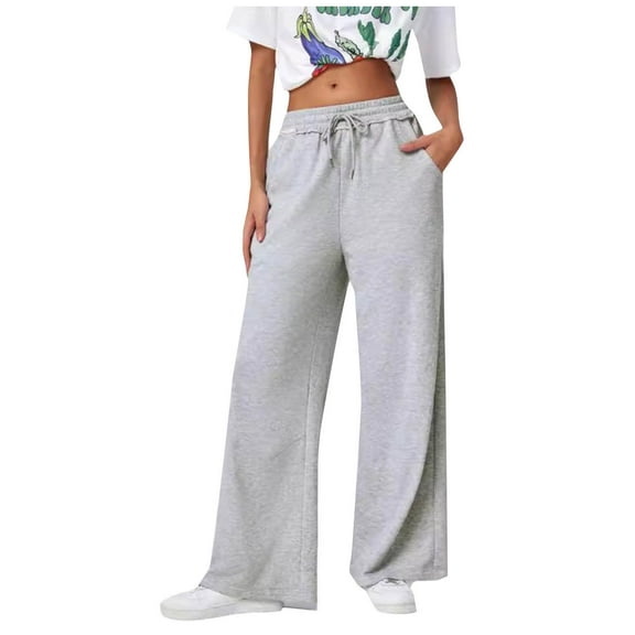 XFLWAM Women's Sweatpants Elastic High Waisted Drawstring Wide Leg Pants Casual Comfy Lightweight Joggers with Pockets Gray L
