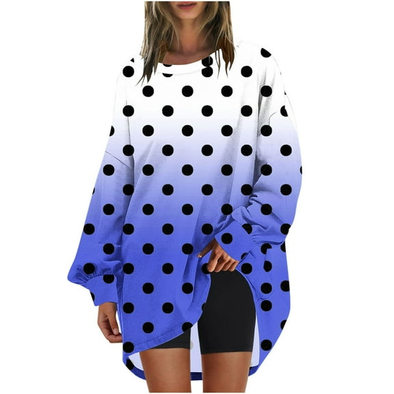 XFLWAM Women's Sweatshirts Long Sleeve Tunic Tops Crew Neck Soft Pullover Dot Printing Color Blocked Clothes Blue M