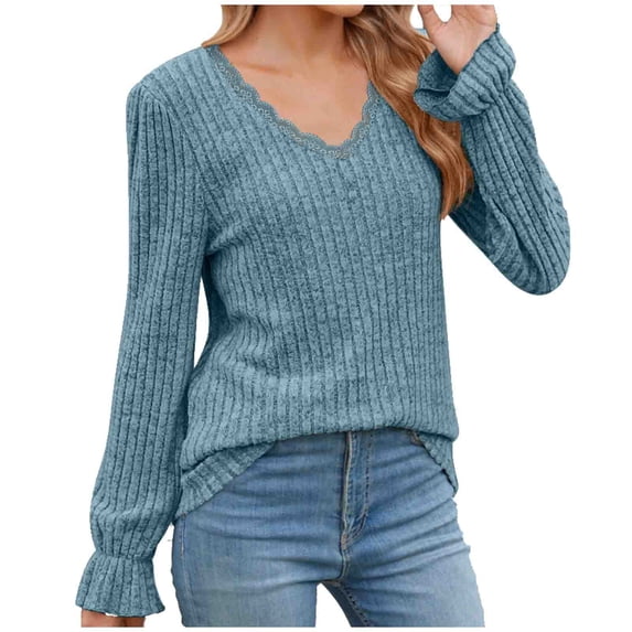 XFLWAM Women's Sweatshirts V Neck Long Sleeve Lace Trim T Shirts Casual Loose Fit Fall Lightweight Pullover Tops Blue S