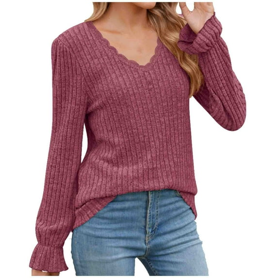 XFLWAM Women's Sweatshirts V Neck Long Sleeve Lace Trim T Shirts Casual Loose Fit Fall Lightweight Pullover Tops Purple S