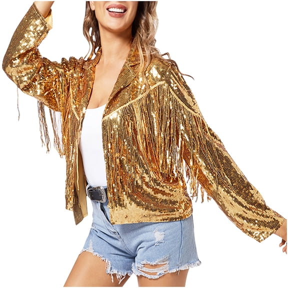 XFLWAM Women's Tassel Sequin Jacket Long Sleeve Fringe Denim Jacket Lapel Collar Coat Casual Solid Color Tops Gold M