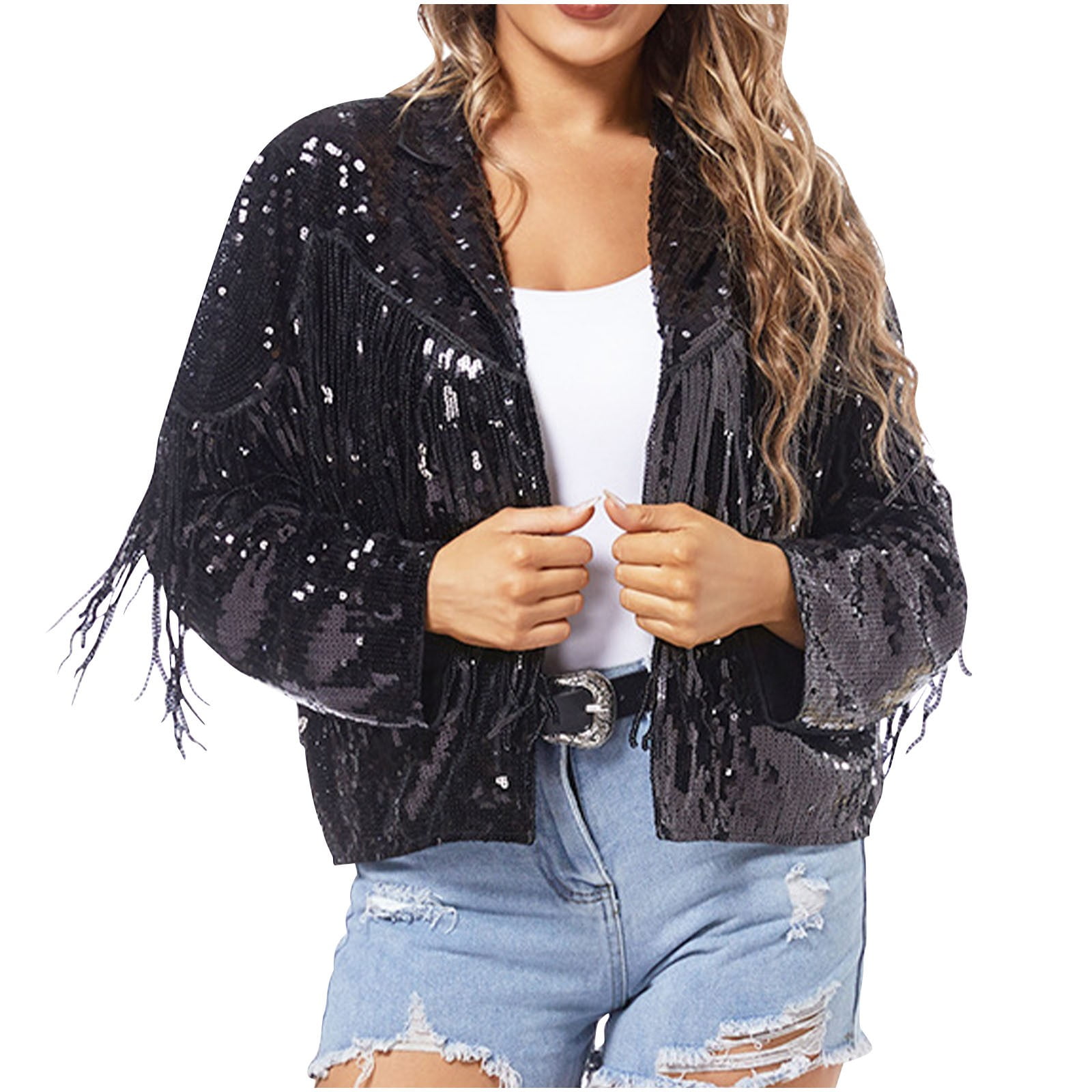 Fashion Sequined Casual Long-sleeved Tie Loose Coat