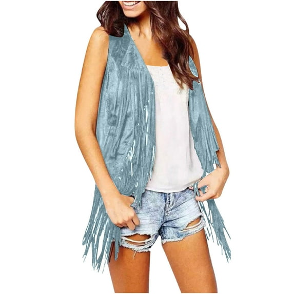 XFLWAM Women's Tassel Sleeveless Vest Cardigan 70s Hippie Faux Suede Fringe Waistcoat Cardigans Jacket Outwear Light Blue S