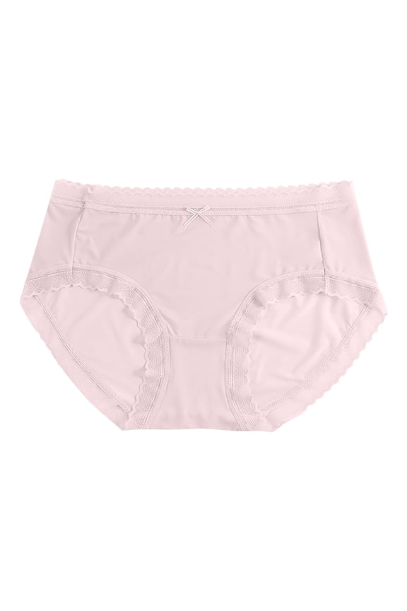 Women's Thin Ice Silk Panties Sexy Lace Trim Breathable Mid Waist Briefs Pink M