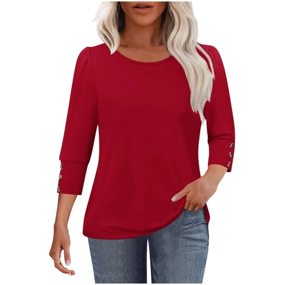 XFLWAM Women's Three Quarter Sleeve Tops with Buttons Crew Neck Dressy Casual Loose Blouses Shirts Vacation Fall Clothes
