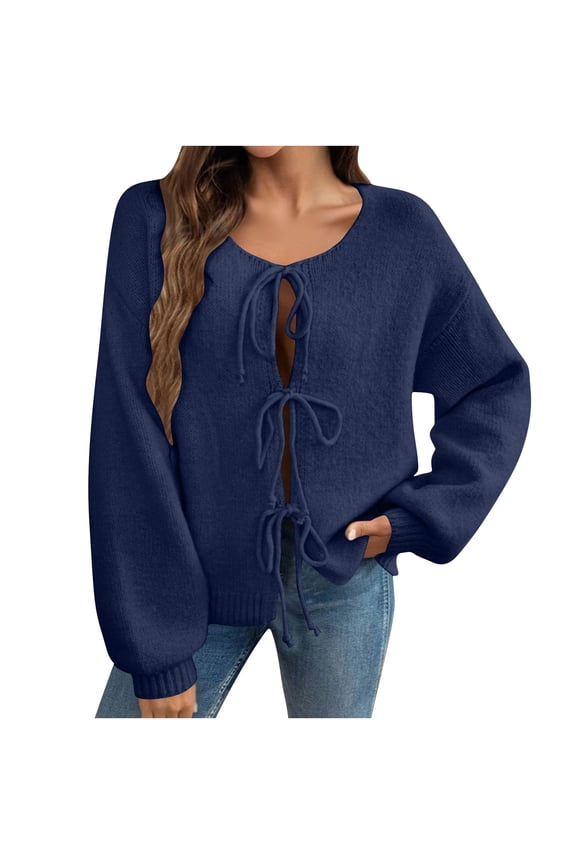 Women's Tie Front Bow Cardigan Sweaters Chunky Knit Long Puff Sleeve Trendy Fall Winter Jacket Coats