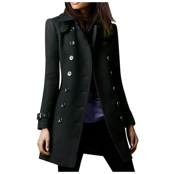 XFLWAM Women's Trench Winter Pea Coats Mid Long Warm Dressy Jackets Casual Double Breasted Overcoat with Pockets Black S