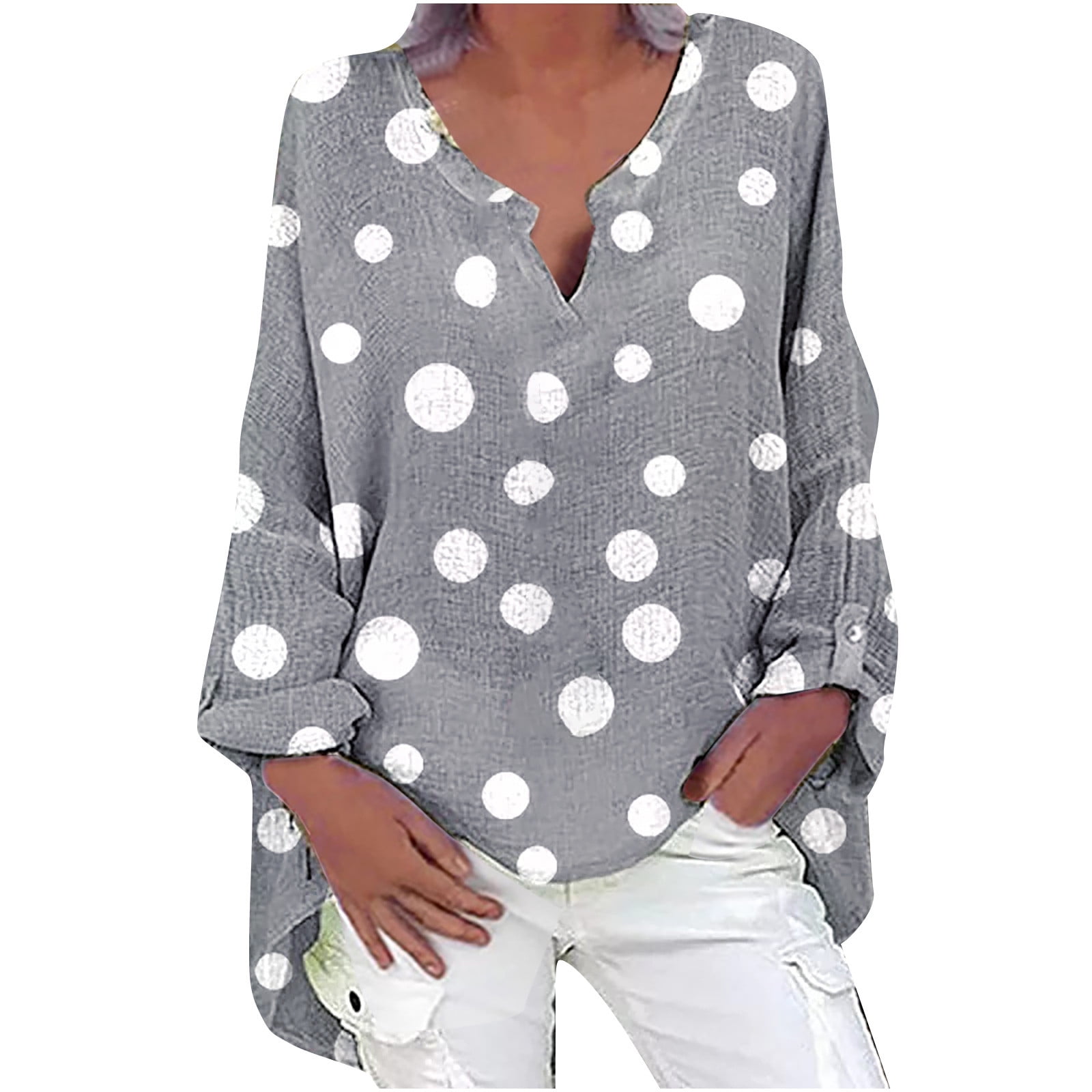 grey polka dot blouse