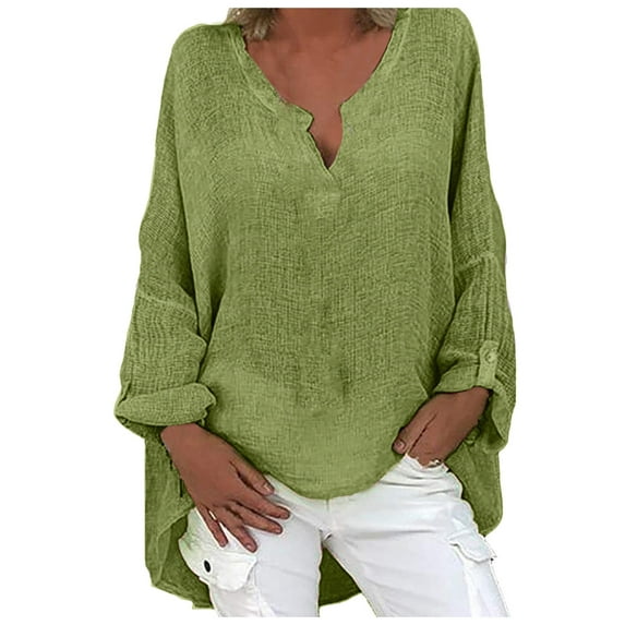 XFLWAM Women's Tunic Blouse Tops Fashion Plus Size Polka Dot Blouse Cotton Linen Loose Casual Long Sleeve V-Neck Tees Shirts Pullover