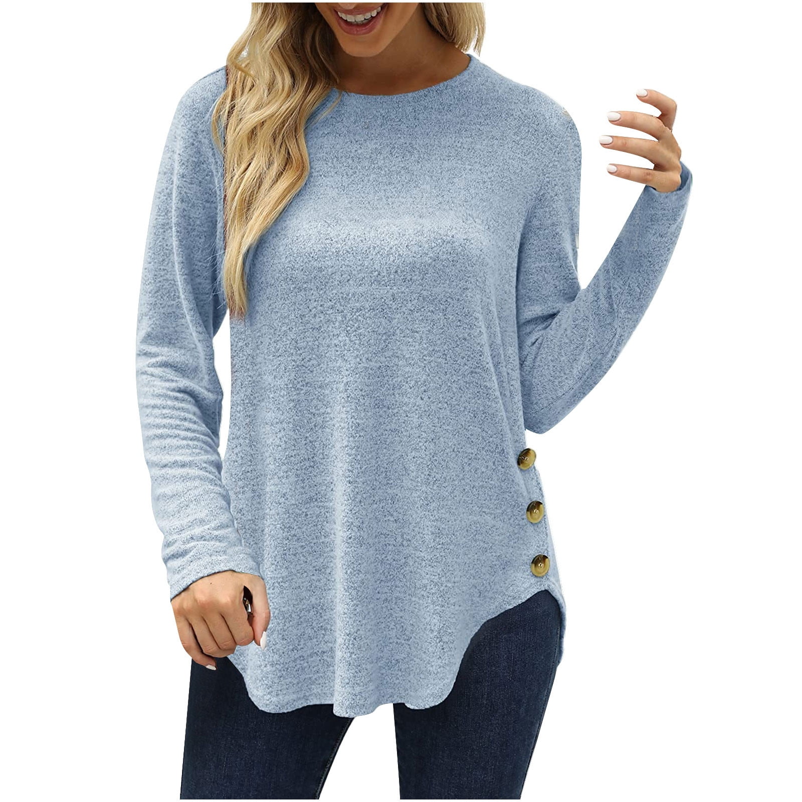 XFLWAM Women's Tunic Tops Long Sleeve Casual T-Shirts Crewneck Button Side  Sweatshirts Soild Color Blouse Blue XXL 