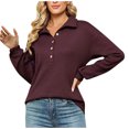 thumbnail image 1 of XFLWAM Women's Turndown Collar Sweatshirts Solid Color Long Sleeve Button Up Polo Pullover Top Blouses Wine Red M, 1 of 7
