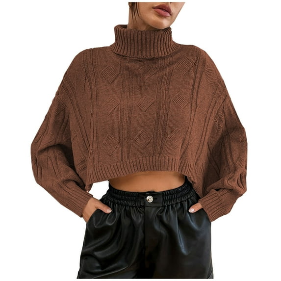 XFLWAM Women's Turtleneck Knit Sweaters Casual Long Batwing Sleeve Pullover Cropped Cute Jumper Drop Shoulder Top Coffee S